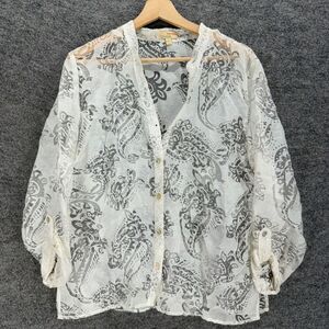 Choices Shirt Women L Large White Paisley Button Up V-Neck Sheer Long Sleeve